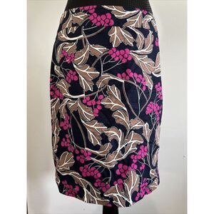 Ann Taylor Factory Floral Pencil‎ Skirt Lined Navy Pink Berry Tan Leaf Print 10
